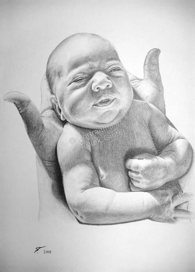 Kohlezeichnung, Portraitzeichnung - Baby, Kohlezeichnungen Baby-Portrait - Baby Zeichnung, Babyportrait