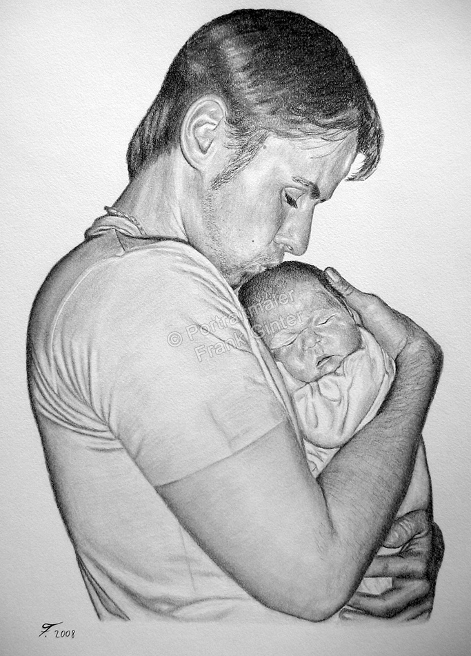 Hannover, Bleistiftzeichnung, Portraitzeichnung – Kohlezeichnungen, Vater mit seinem Baby, Bleistiftzeichnungen, Baby-Portrait mit Papa Kohlezeichnung