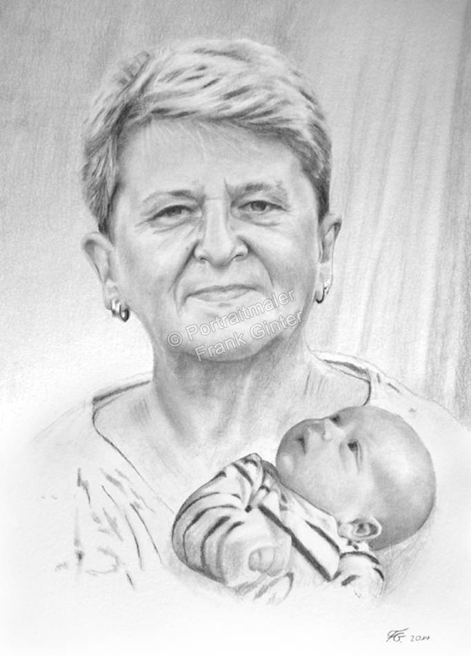 Bleistiftzeichnungen, Portraitzeichnung  Grossmutter und Baby, Portrait zeichnen lassen, Portrait vom Foto mit Bleistift, Bleistiftzeichnung