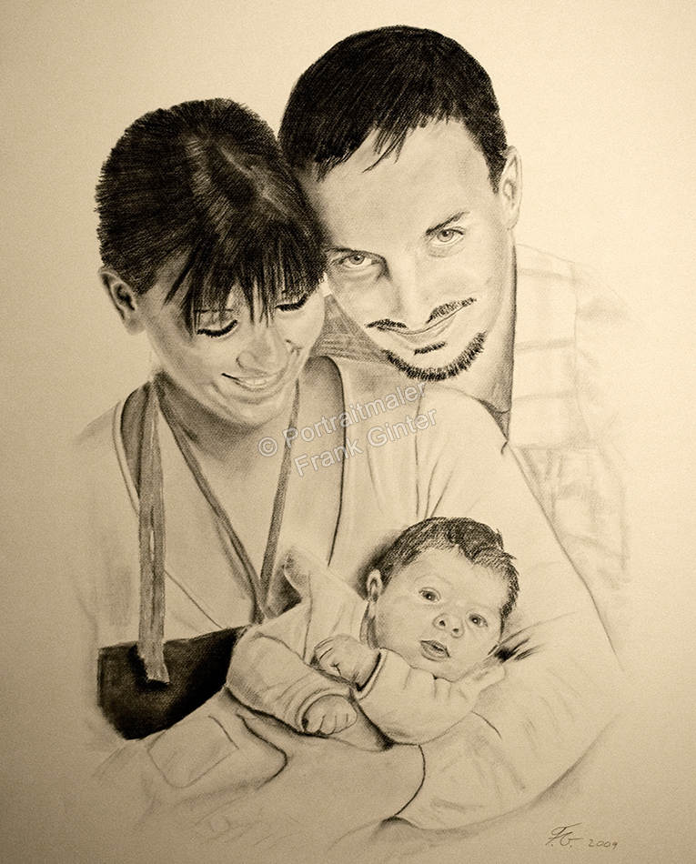 Kohlezeichnungen, Portraitzeichnung, Portrait zeichnen lassen, Familienportrait, Mann mit Frau und Baby, Familienportraits