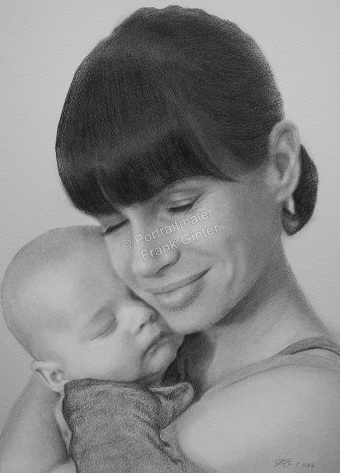 Bleistiftzeichnung, Portraitzeichnung - Mutter mit Ihrem Baby Zeichnung, Bleistiftzeichnungen, Baby-Portrait mit Mama