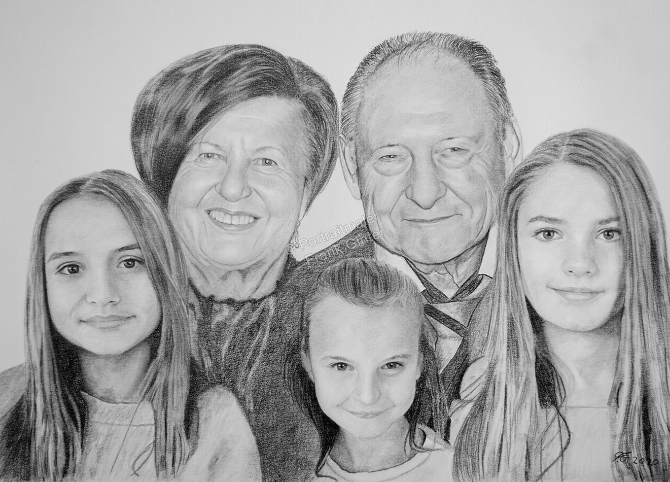 Kohlezeichnungen, Portraitzeichnung, Portrait zeichnen lassen, Familienportrait, Großvater, Großmutter und Enkel, Familienportraits