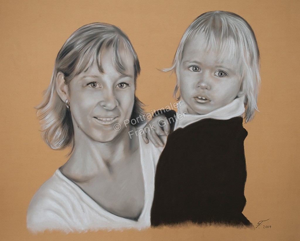 Handgemalte Bilder, Portraitmalerei, Bilder malen lassen, Portraitmaler, Pastellgemälde Familie, Pastellmalerei Frau und Kind, Familienportrait