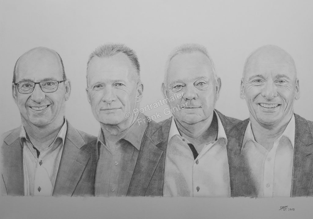 Kohlezeichnungen, Portraitzeichnung  Männergruppe, Portrait zeichnen lassen, Portrait vom Foto mit Kohle, Kohlezeichnung