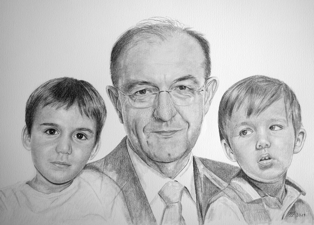 Bleistiftzeichnung Familienportrait - Opa, Kinder, Enkel