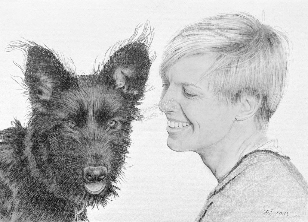 Bleistiftzeichnungen mit Hund und Herrchen, Tierzeichnungen, Hundezeichnungen mit Frau, Tierportraits mit Bleistiften, Hundebilder, Fotorealismus