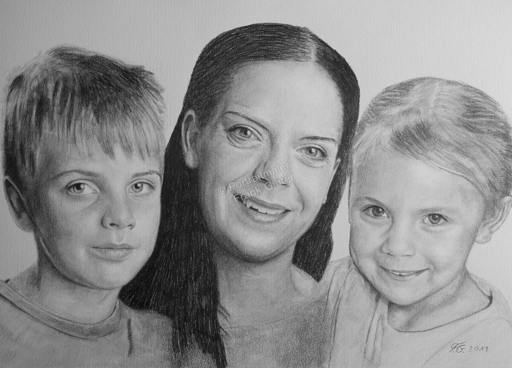 Bleistiftzeichnungen mit Familie Mutter, Familienzeichnung, Familienzeichnungen, Familienportraits mit Bleistift, Familienbilder