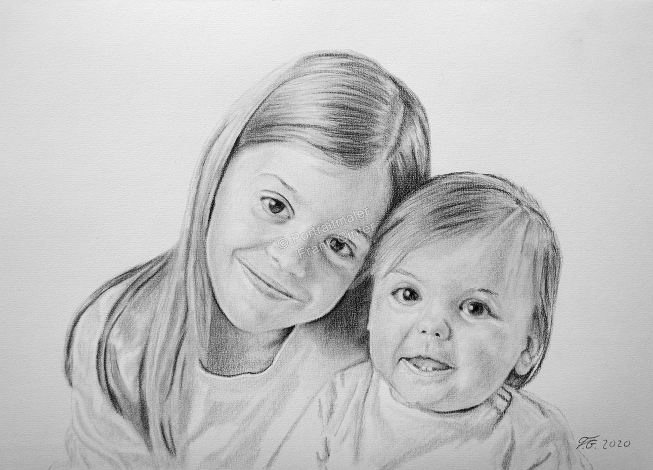 Bleistiftzeichnungen, Portraitzeichnungen, Kinder Portraits zeichnen lassen Geschwister-Portrait