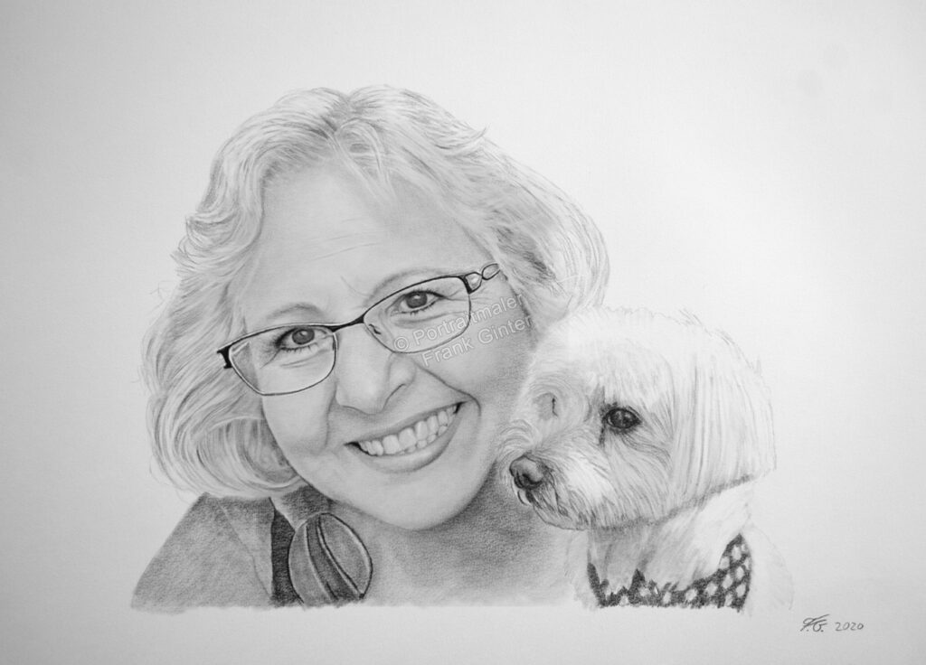 Frau mit ihrem Hund mit Bleistift gezeichnet
