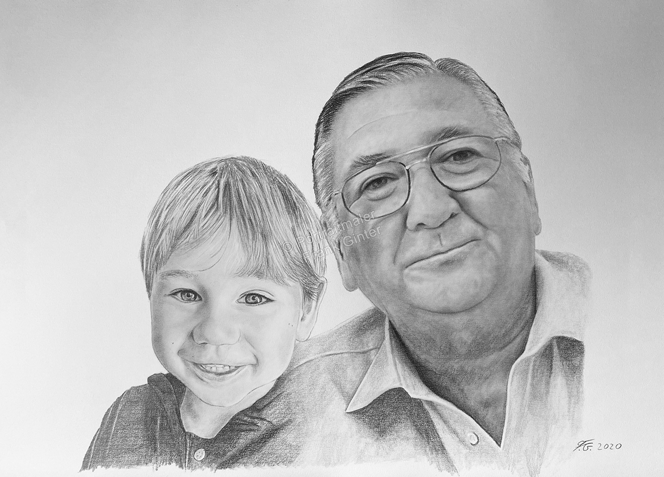Bleistiftzeichnung, der Opa und sein Enkelkind