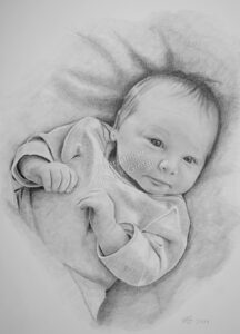 Bleistiftzeichnung mit Baby, Baby Zeichnung Bleistift, Baby Zeichnungen einzigartig, Babyportraits mit Bleistift, Babybilder von Hand gezeichnet